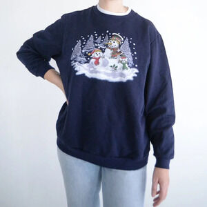 Vintage Image Snowman Snow Dog & Cat Navy Ugly  Christmas Crewneck Sweater